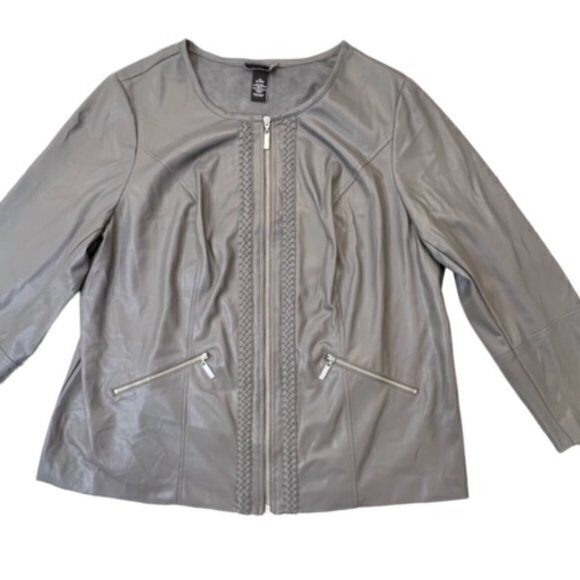 BUNDLE 3 FOR $18 Faux Leather Grey Jacket Zip-Up Collarless‎ Black Label 1X - Picture 1 of 13